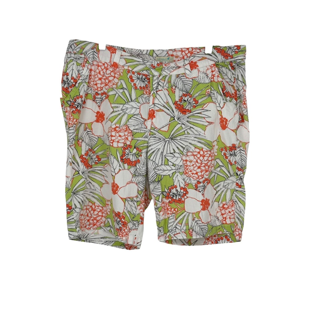 Caribbean Joe Bermuda Shorts Green Orange Floral 100% Cotton 16W